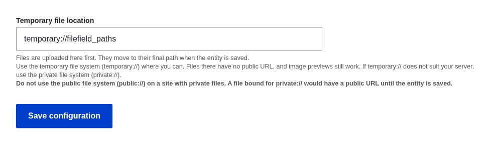The File (Field) Paths settings form with Temporary file location set to temporary://filefield_paths